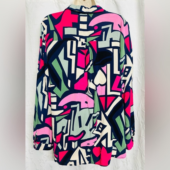 Big Dart Colorful Geometric Button Up Blouse Women's Collared Long Sleeve Sz 12 - Picture 4 of 7